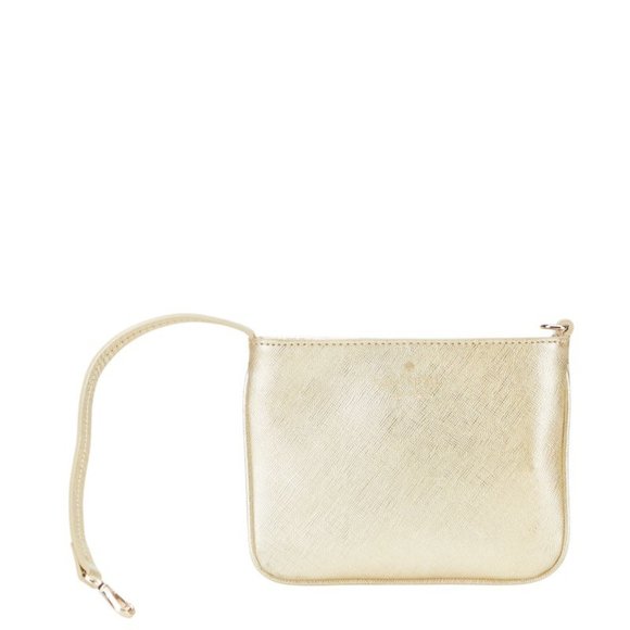 Kate Spade logo punched tote bag, gold leather handbag, women's.